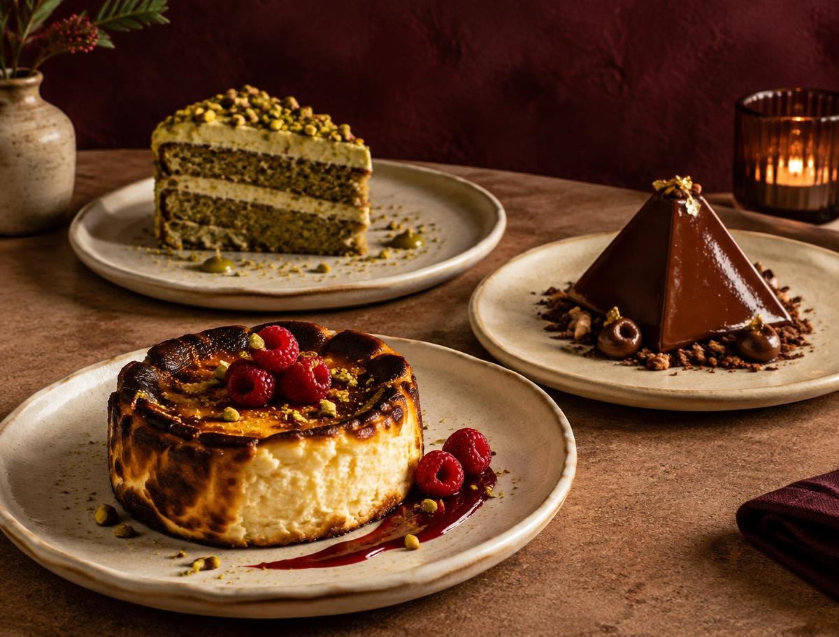 Tartas de pistacho, queso con frambuesas y pirámide de chocolate