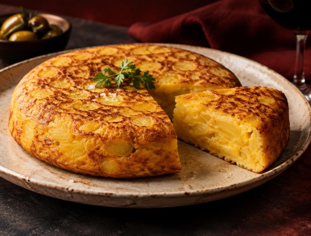Tortilla de patata dorada servida en plato de cerámica